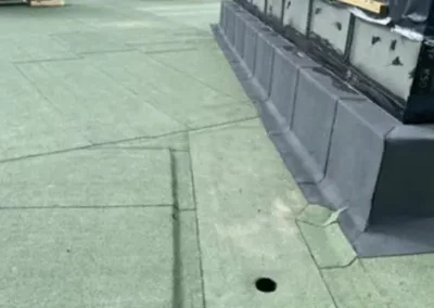 Green flat roof with drainage hole and skylights.